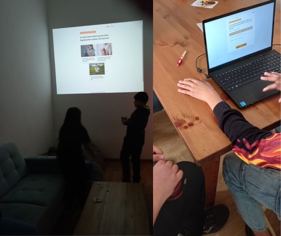 Die Kindergruppe wie sie zusammen am Beamer das Quiz machen und die Jugendlichen beim Quiz am Laptop.