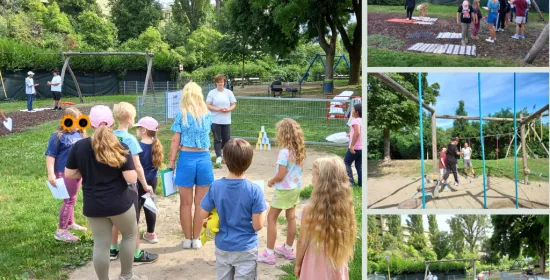 Collage aus Bildern von Kindern bei Spielstationen wie Dosenwerfen und Hindernisparcours